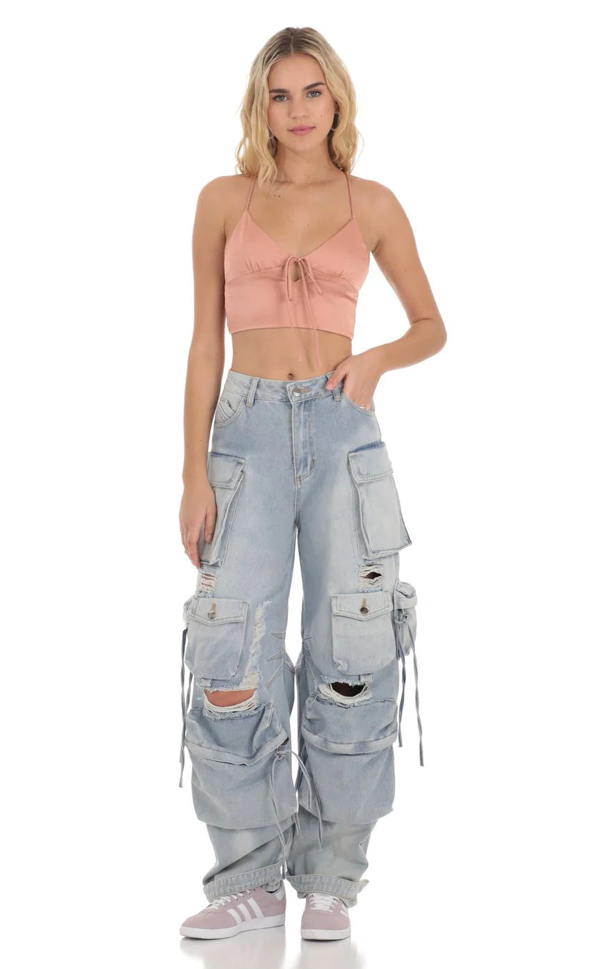 Front Tie Satin Top in Apricot