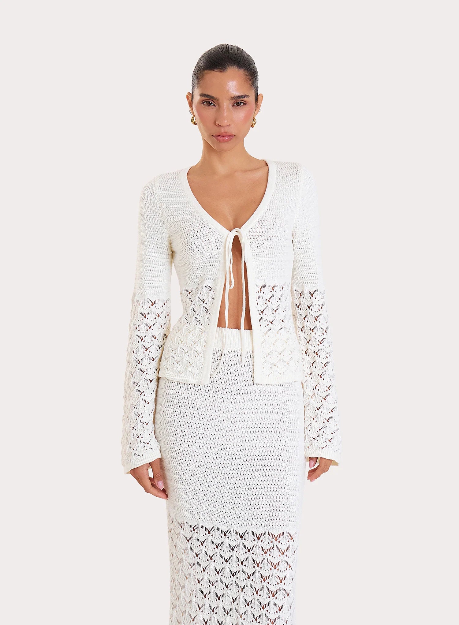 Cream Crochet Tie Front Longsleeve Top