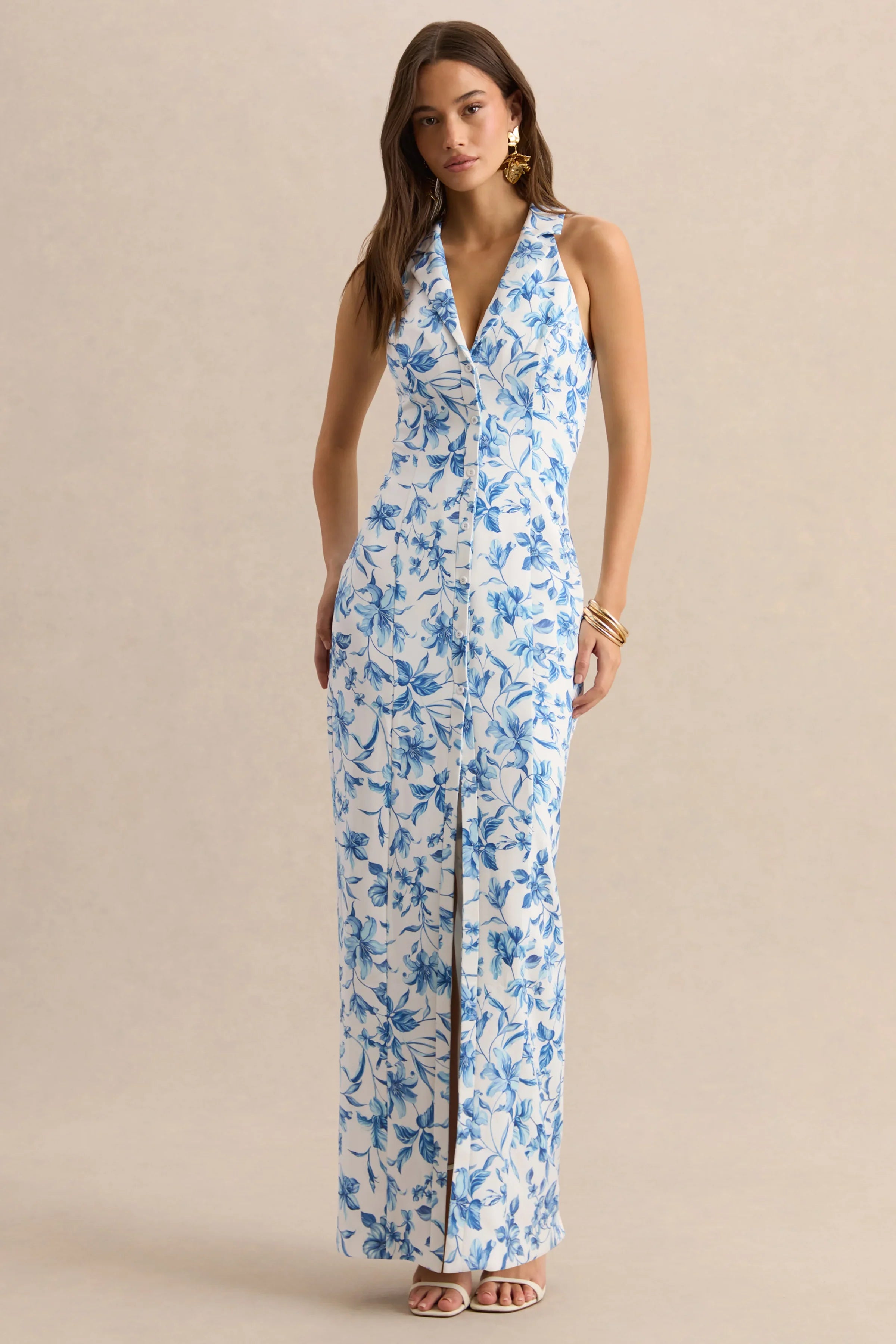 Quinn Blue Porcelain Print Plunge Neck Tailored Maxi Dress