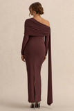 Cyra Brown Asymmetric Neck Maternity Maxi Dress With Sash