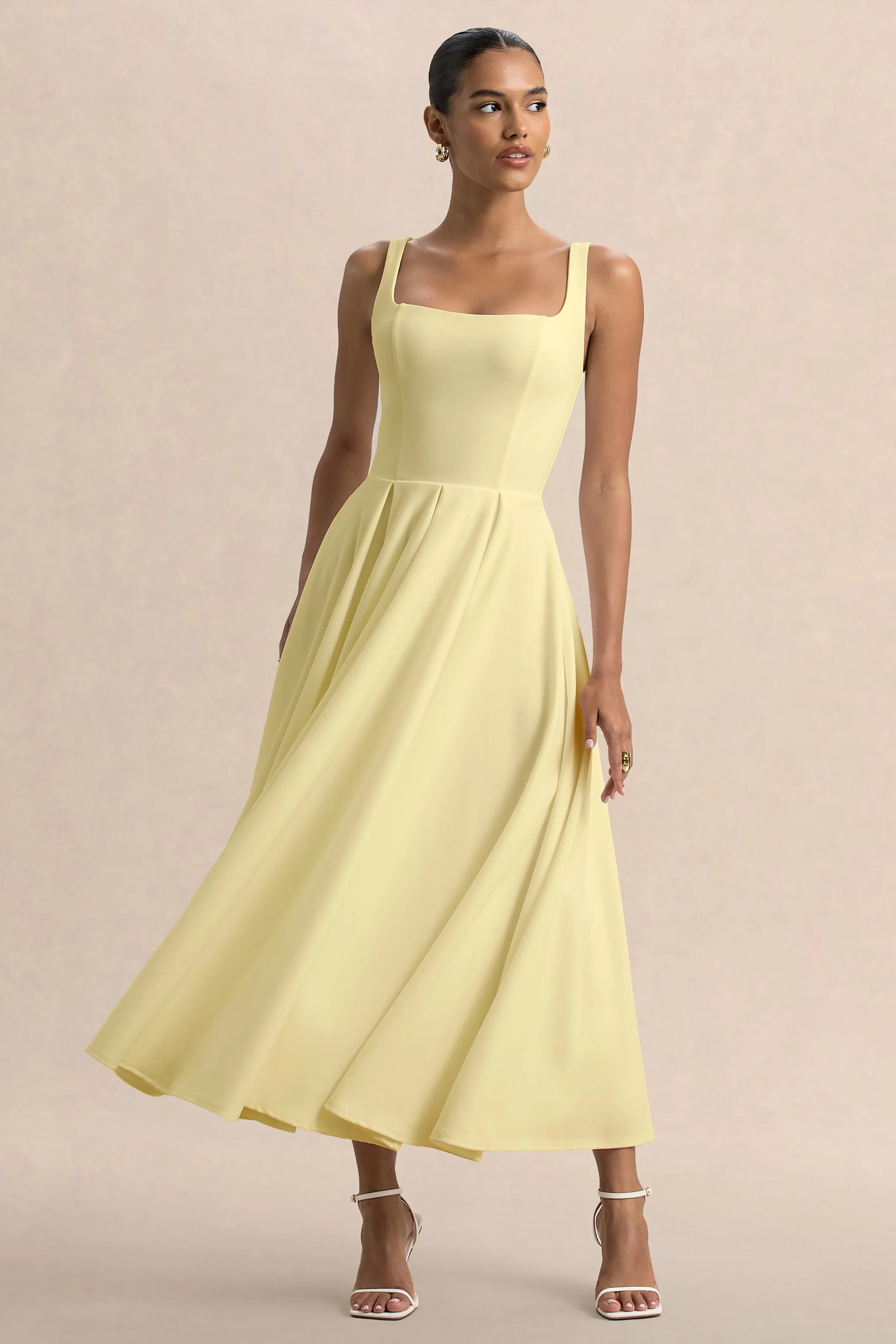 Parina Lemon Strappy Volume Hem Midi Dress