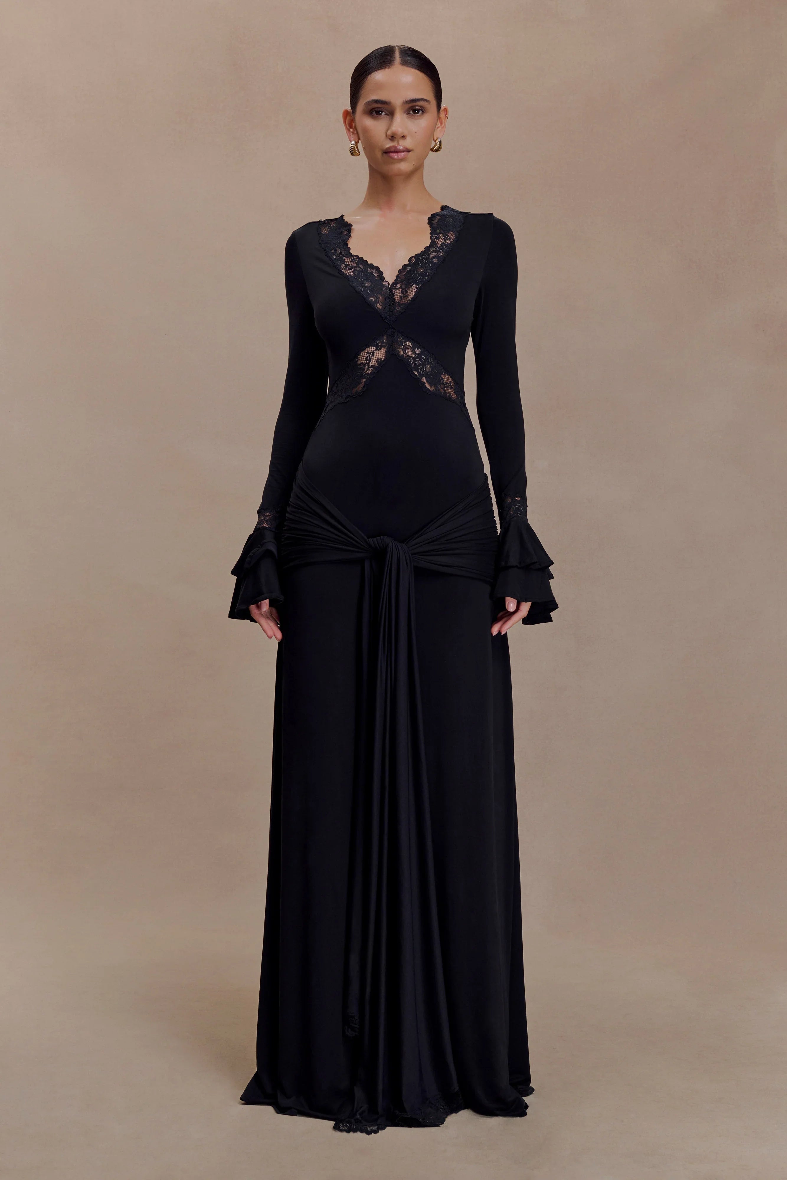 Electra Slinky Lace Maxi Dress Black