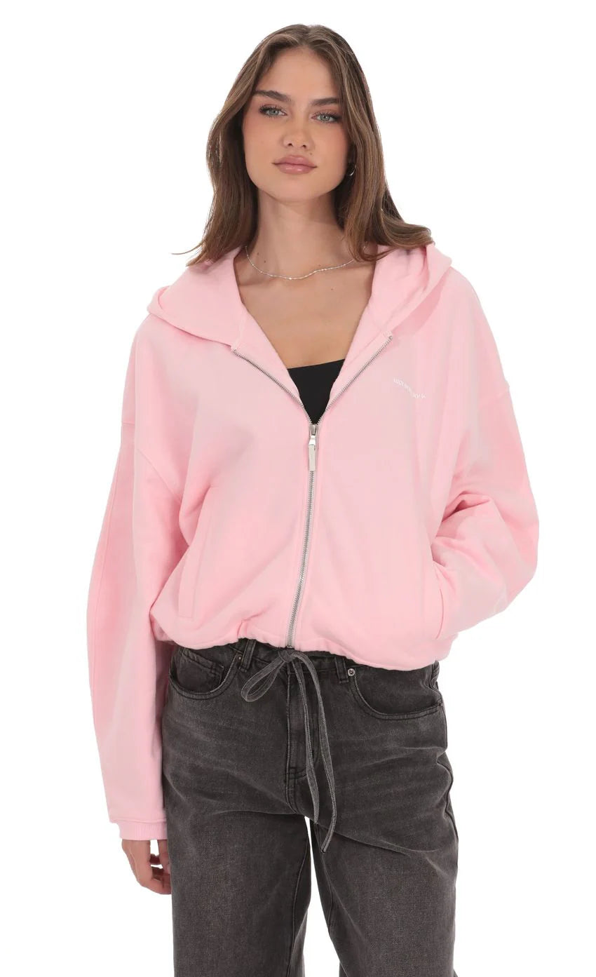 Cropped Fleece Zip Up Hoodie in Pink