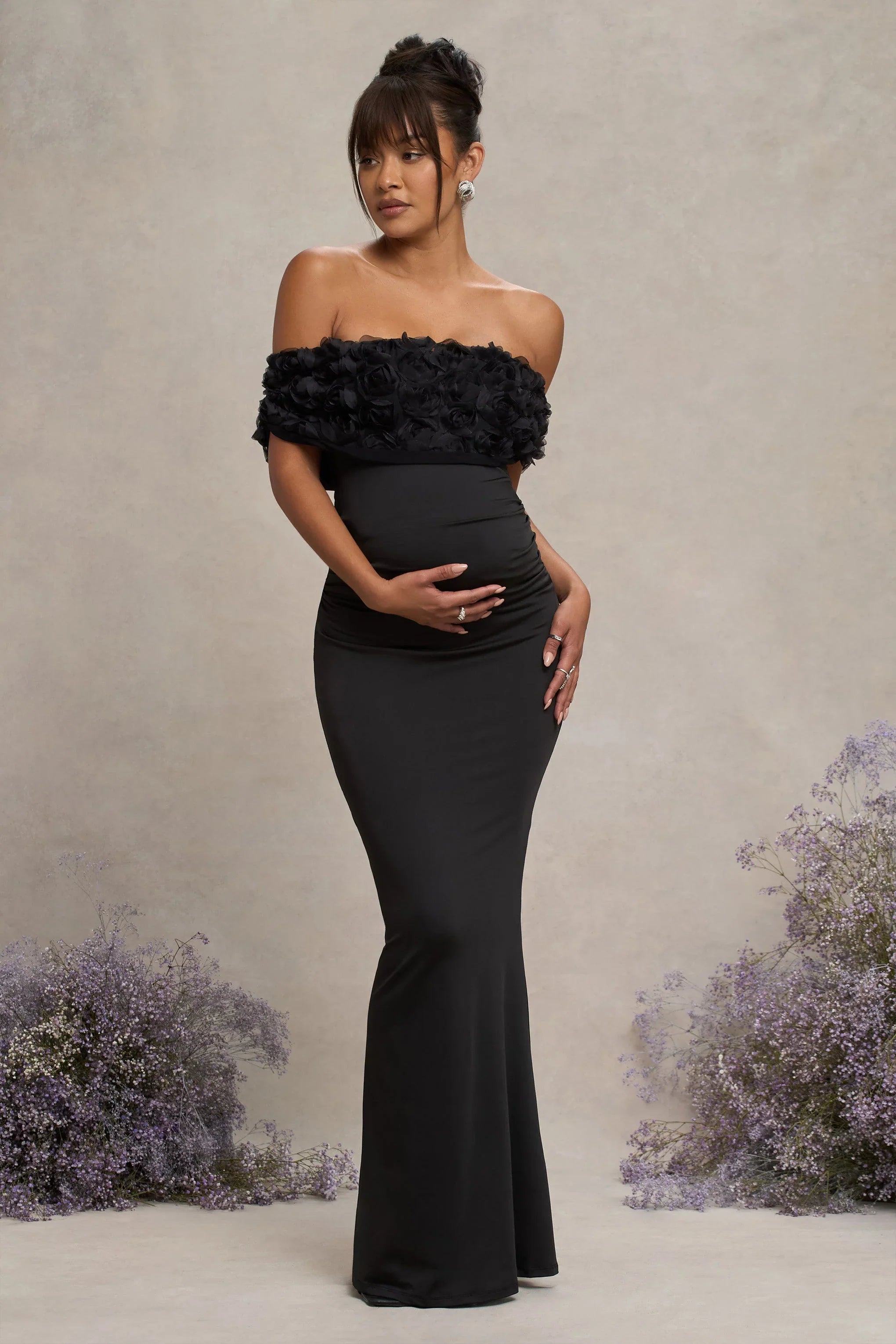 Inflorescence Black Mesh Floral Bardot Maternity Maxi Dress