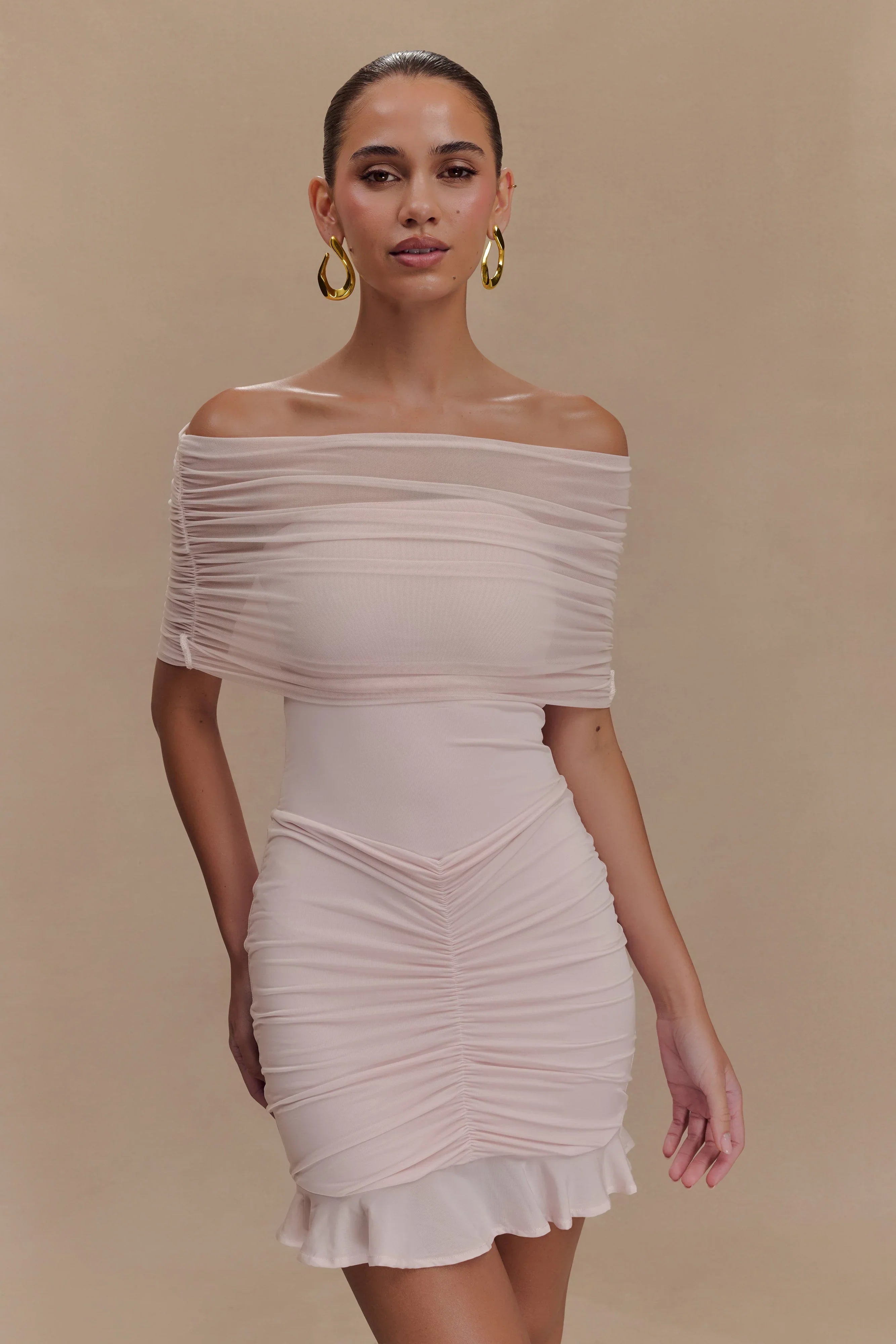 Caspian Slinky And Mesh Off Shoulder Mini Dress Pale Pink