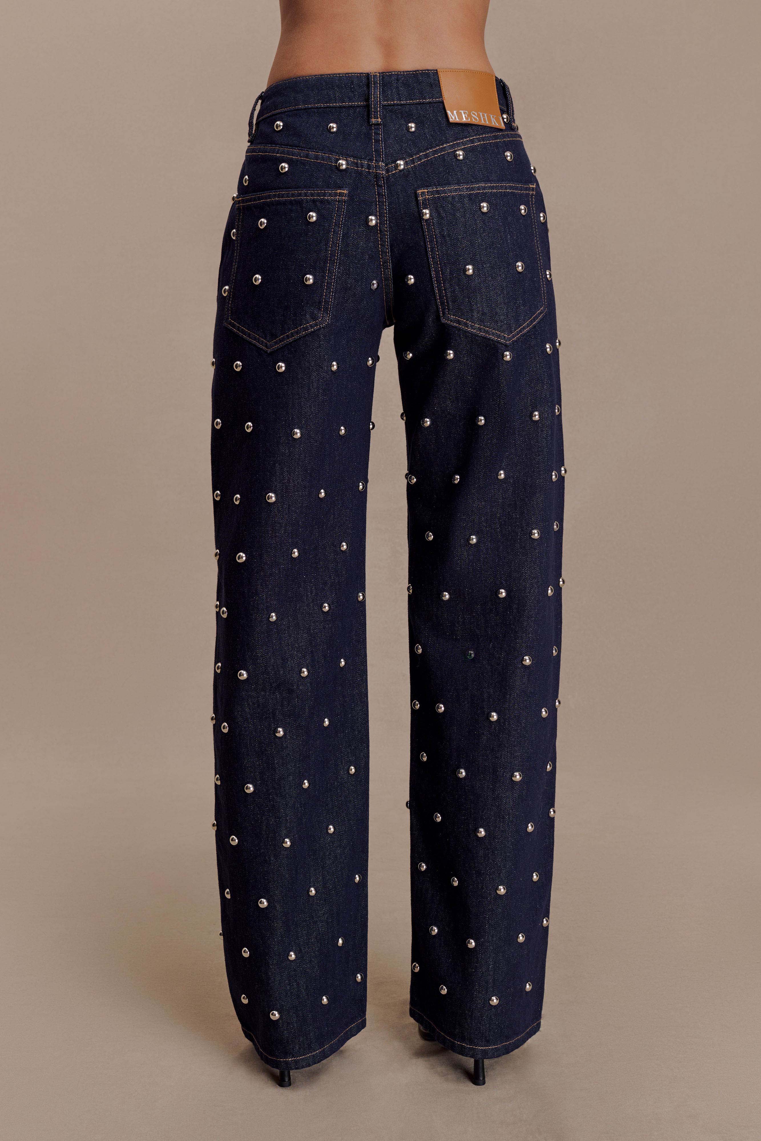 Alima Mid Rise Stud Denim Jeans Washed Indigo Blue