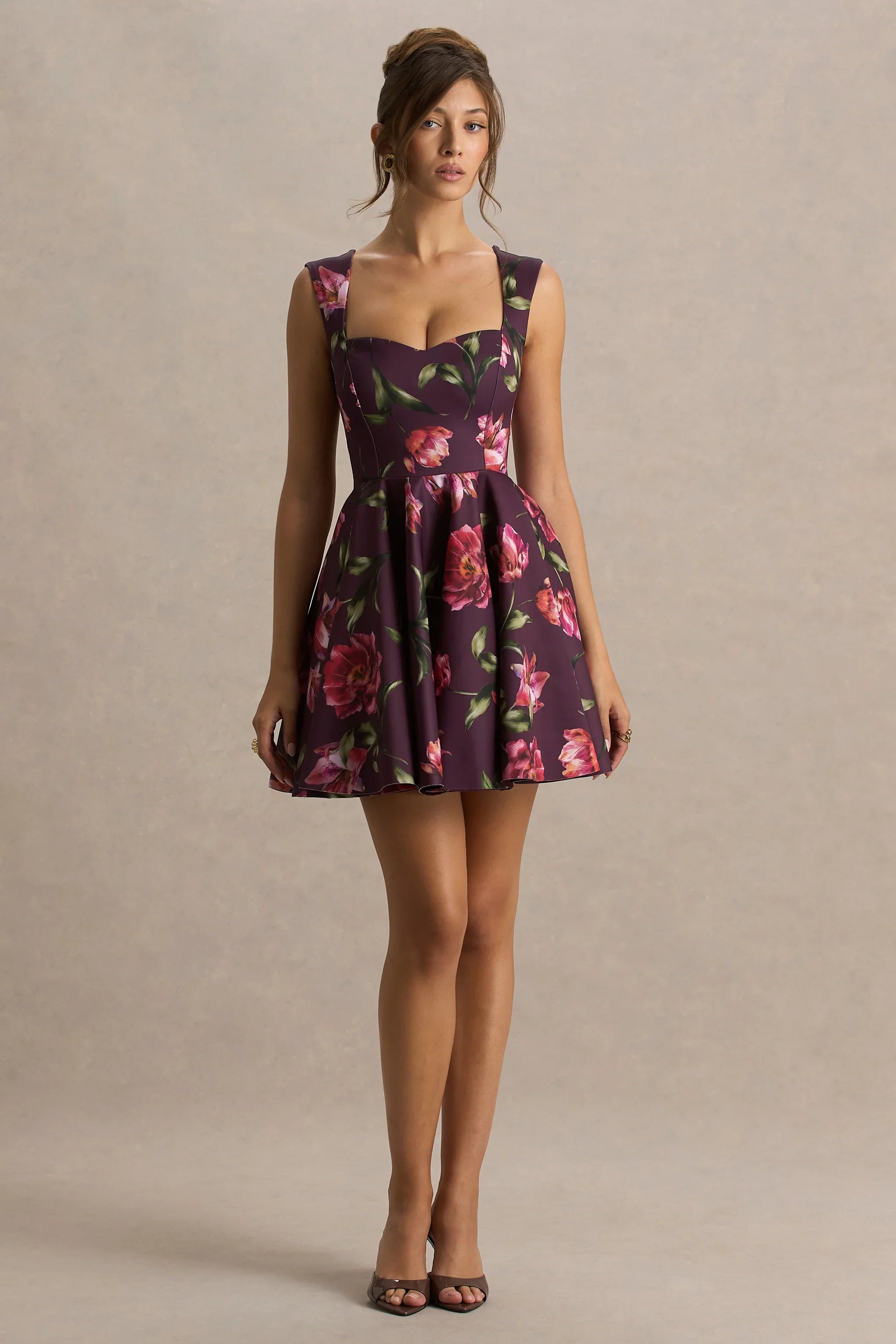 Magic Burgundy Floral Print Sweetheart Neck Mini Dress
