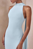 Cordy Powder Blue High Neck Maxi Dress With Cape
