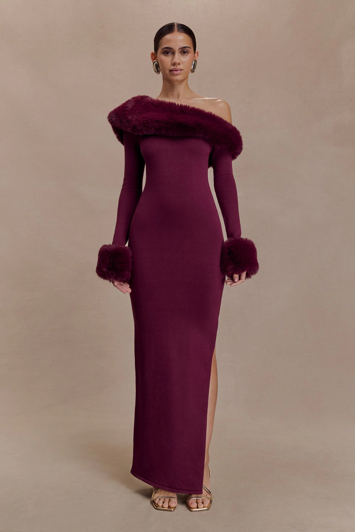 Karleigh Faux Fur Knit Maxi Dress Plum