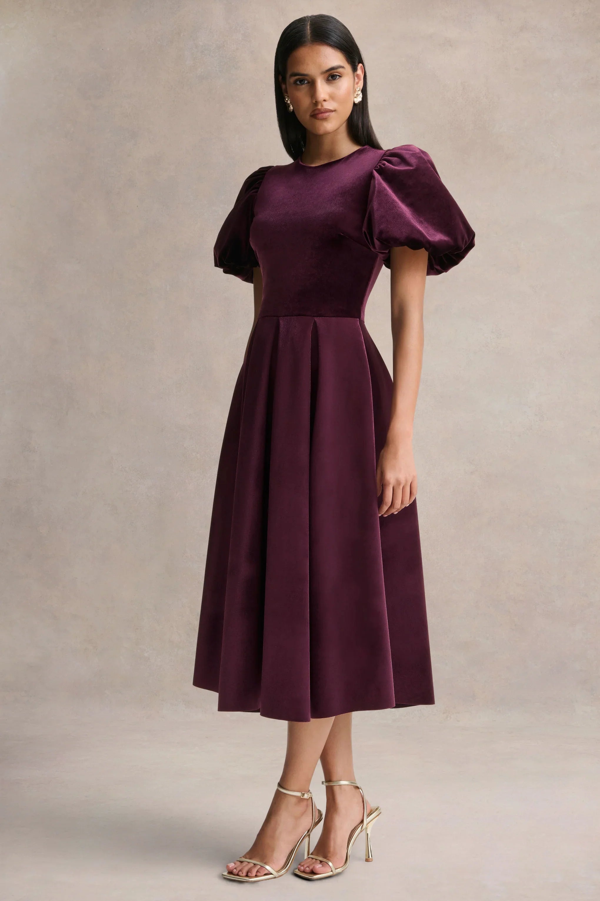 Seraphic Burgundy Velvet Puff Sleeve Midi Dress