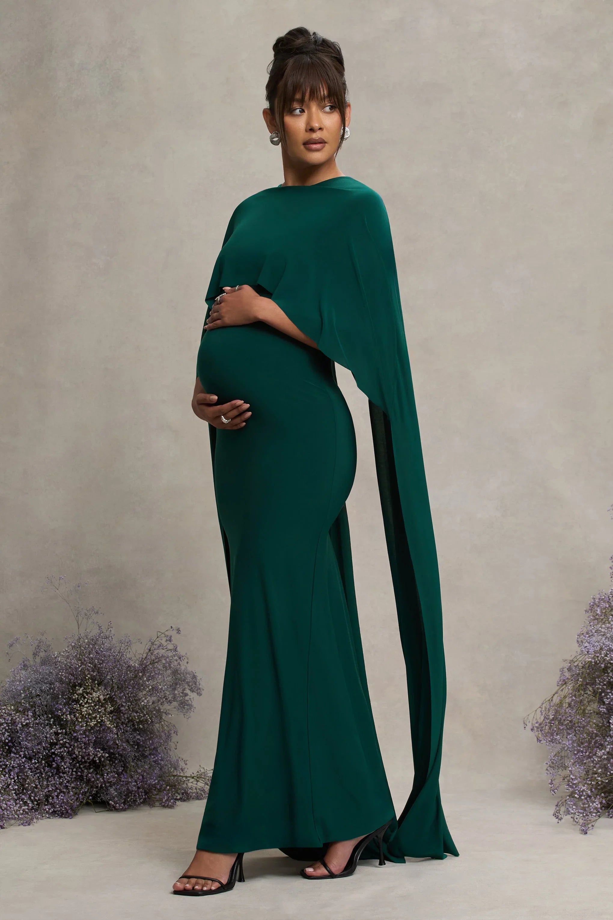 Padma Bottle Green Draped Maternity Maxi Dress With Cape Sleeves