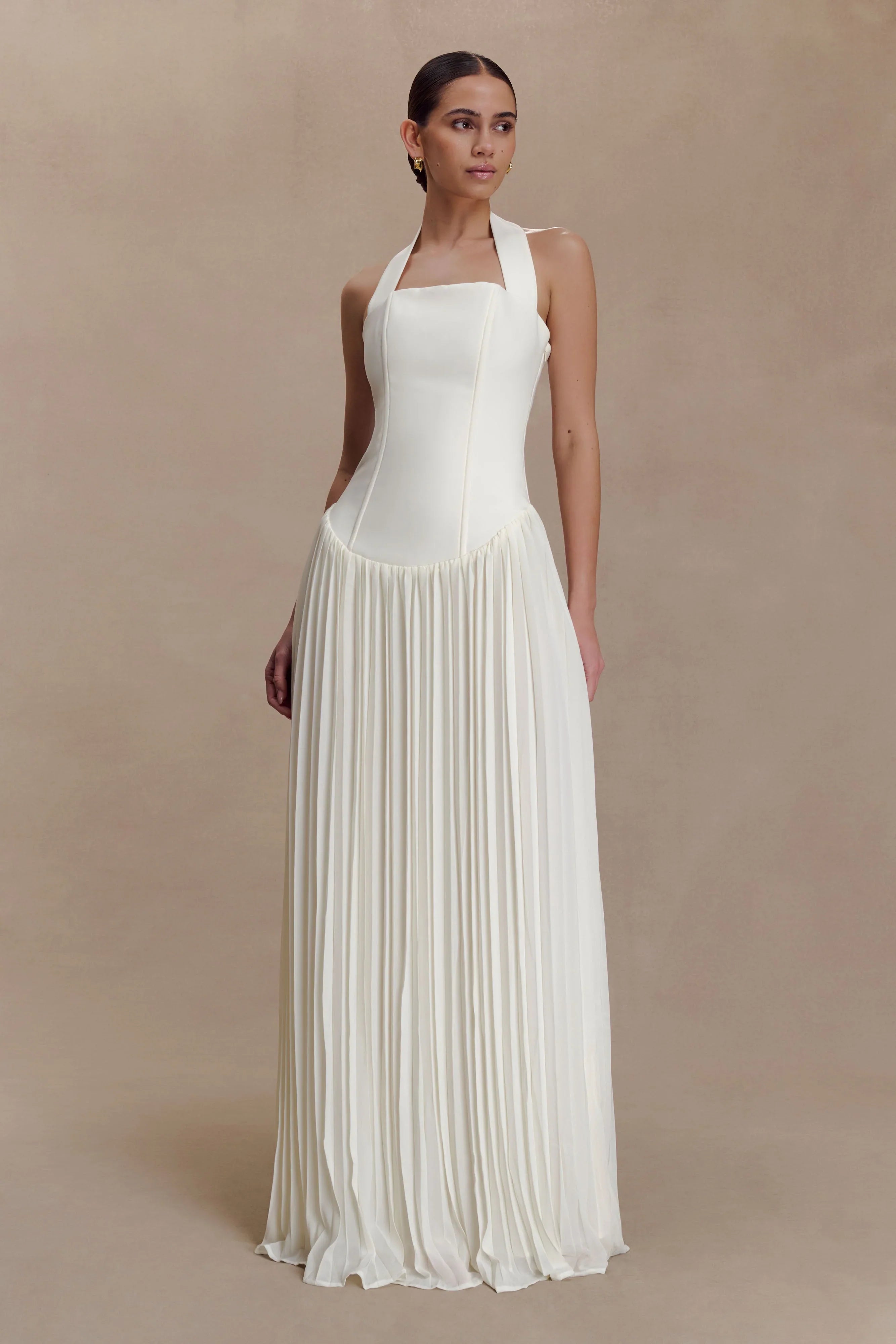 Stacie Pleated Halter Maxi Dress Ivory