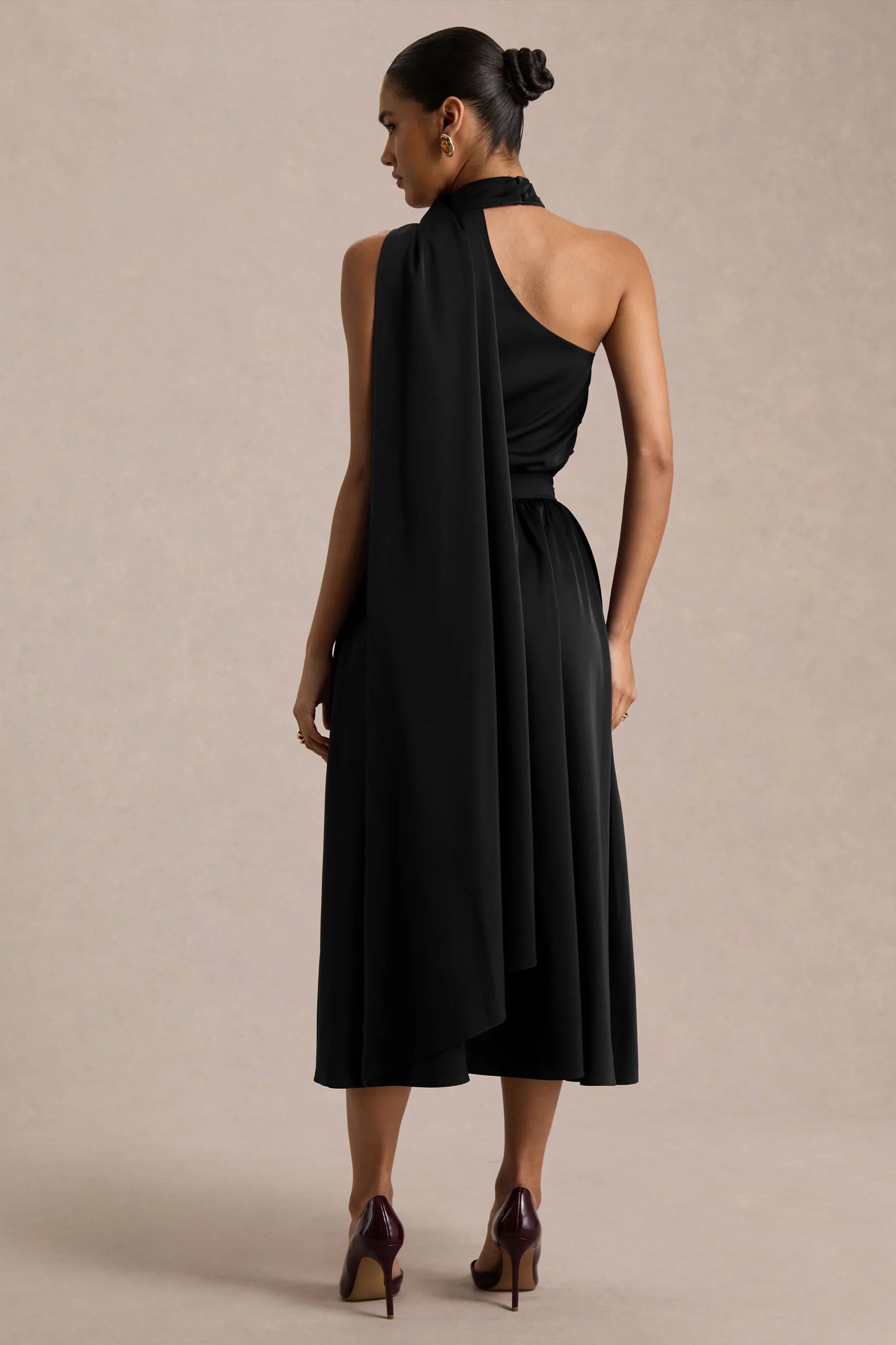 Caluna Black Satin Asymmetric Neck Midi Dress With Scarf Detail