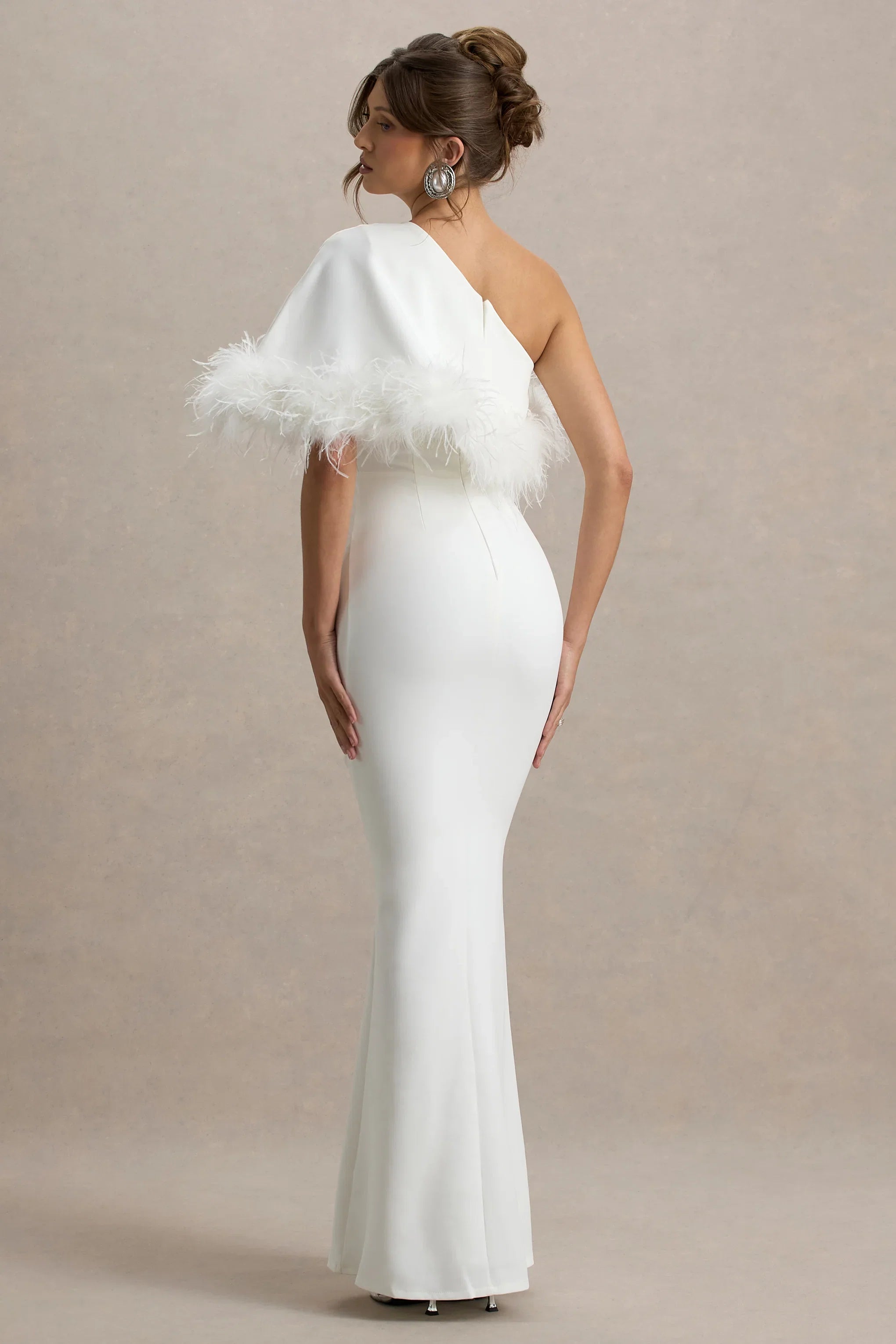 Valor White Asymmetric Maxi Dress With Feather Trim