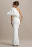 Valor White Asymmetric Maxi Dress With Feather Trim