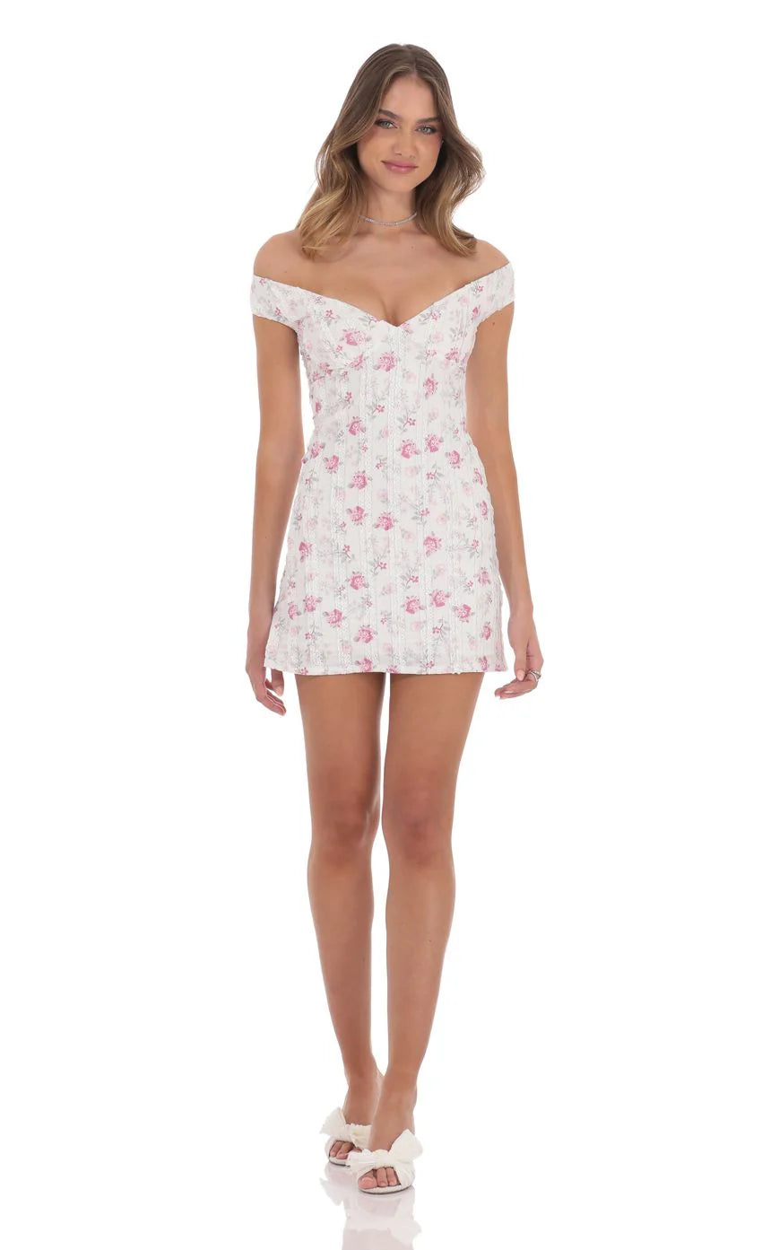 Off Shoulder Lace Floral Dress in White