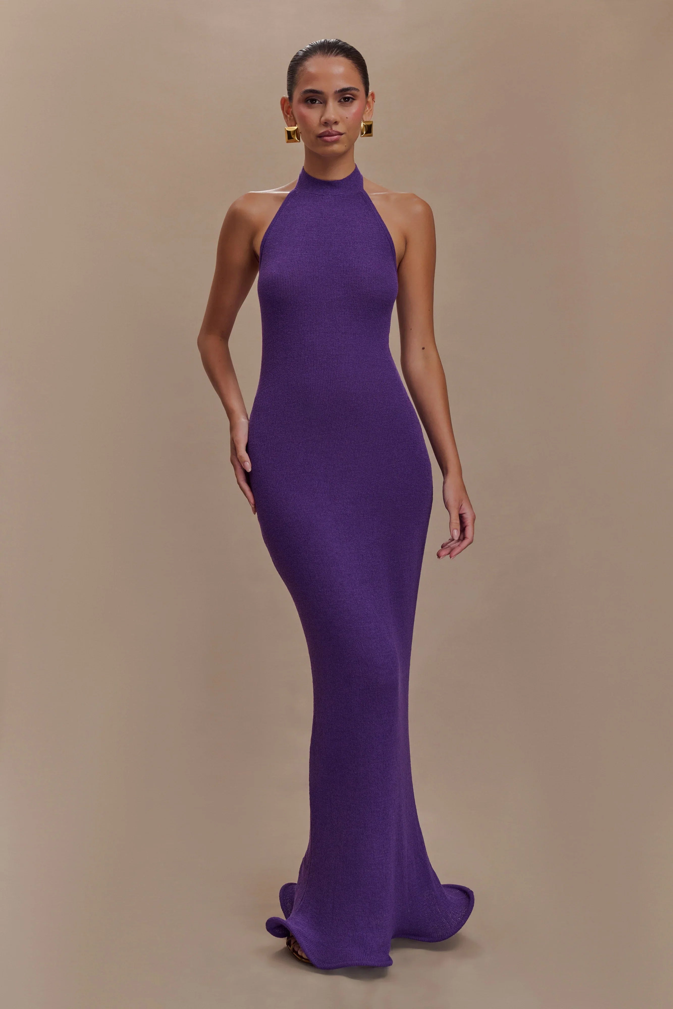 Melodie Halter Knit Maxi Dress Purple