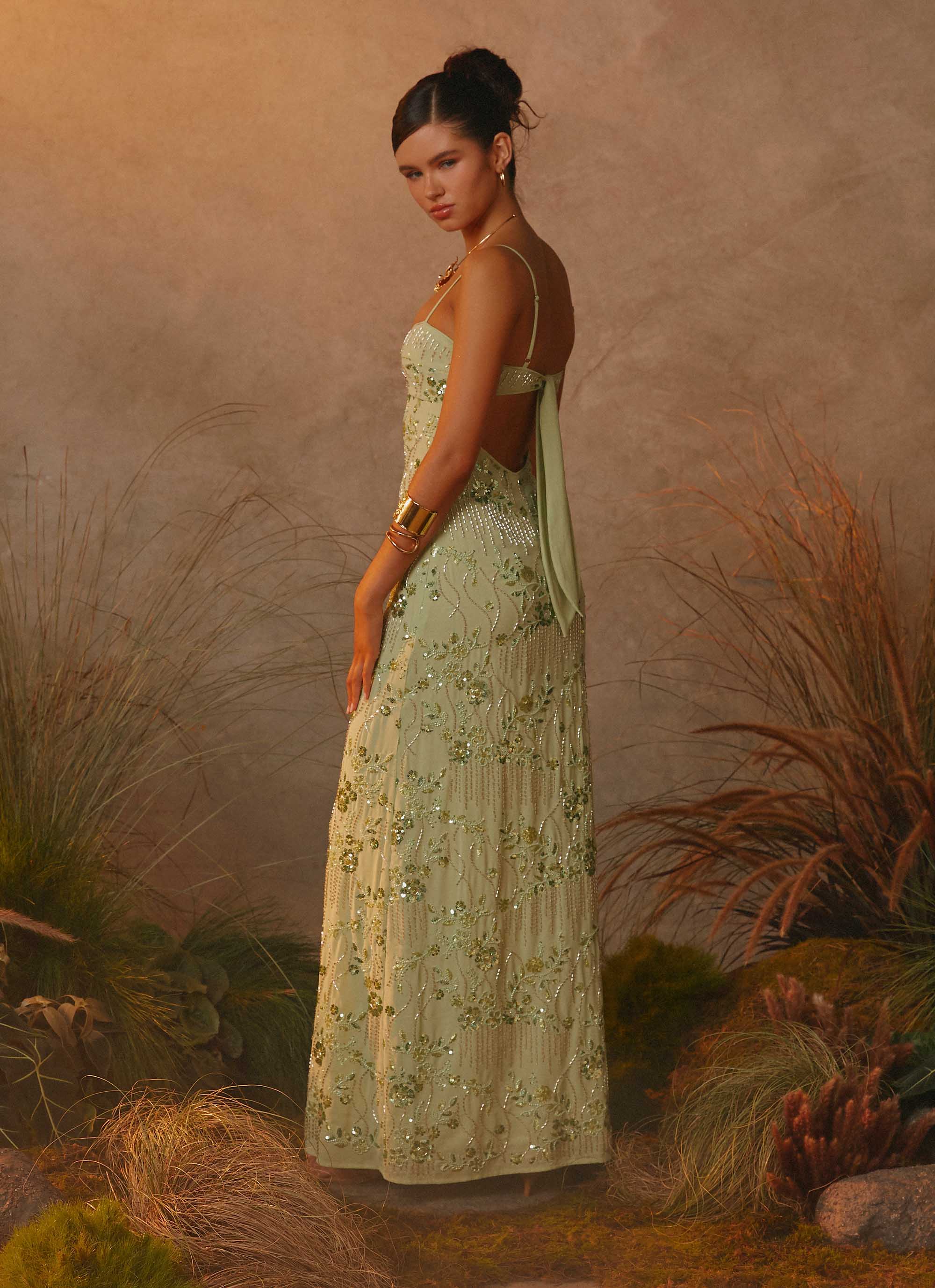 Celandine Beaded Maxi Dress Lime