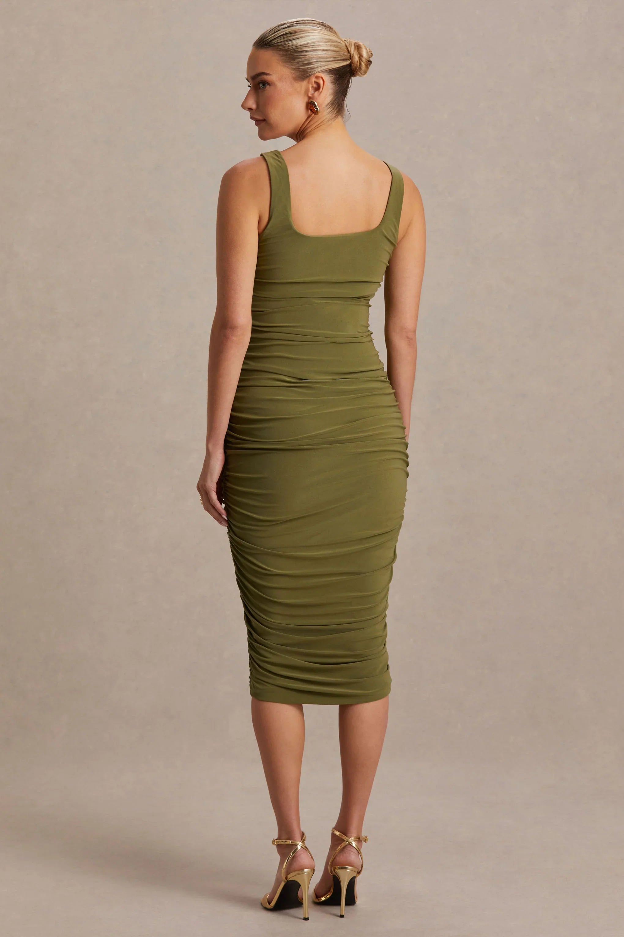 Lisbon Olive Maternity Square Neck Ruched Midi Dress