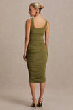 Lisbon Olive Maternity Square Neck Ruched Midi Dress