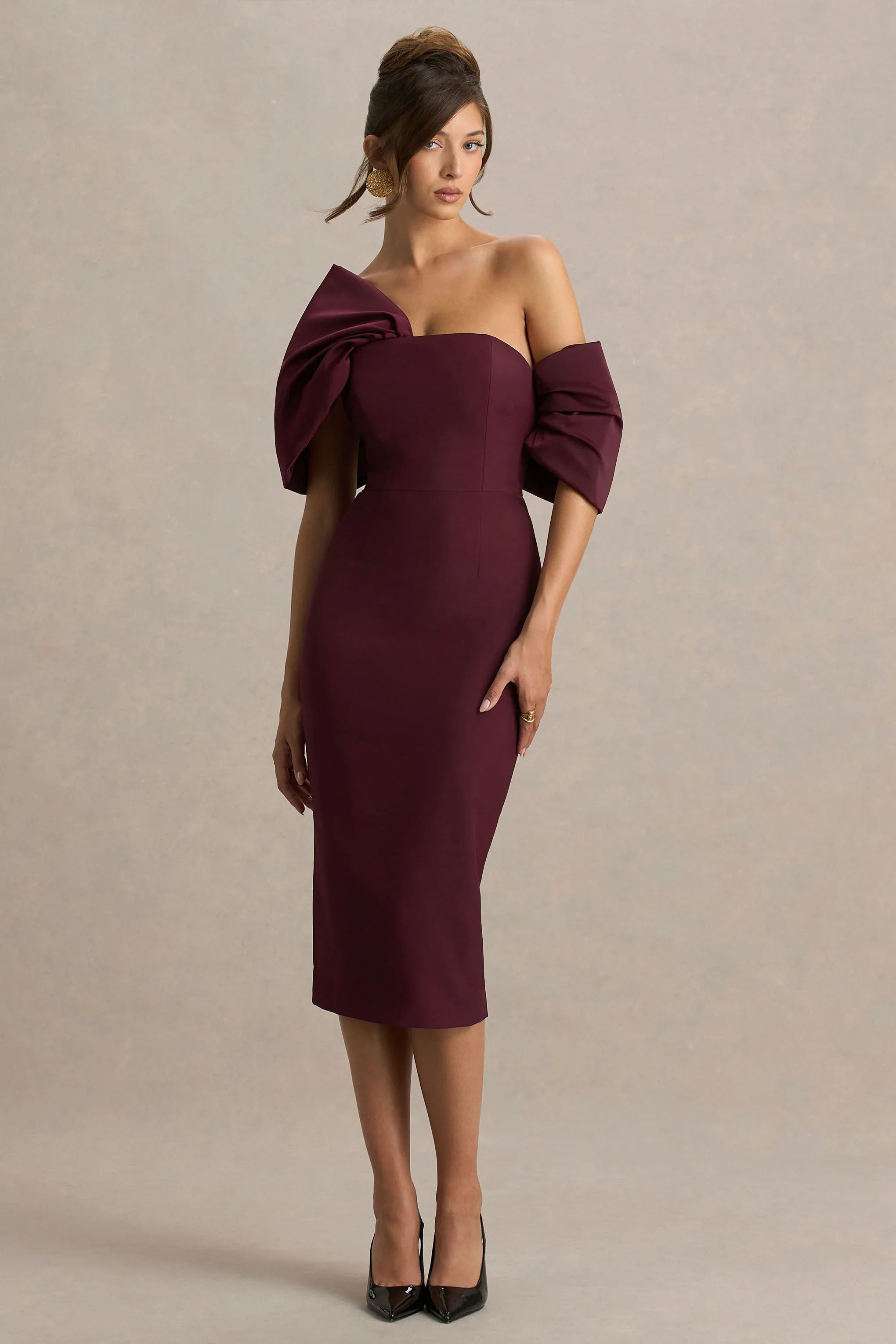 Lucille Burgundy Asymmetric Bardot Midi Dress With Bow Detail