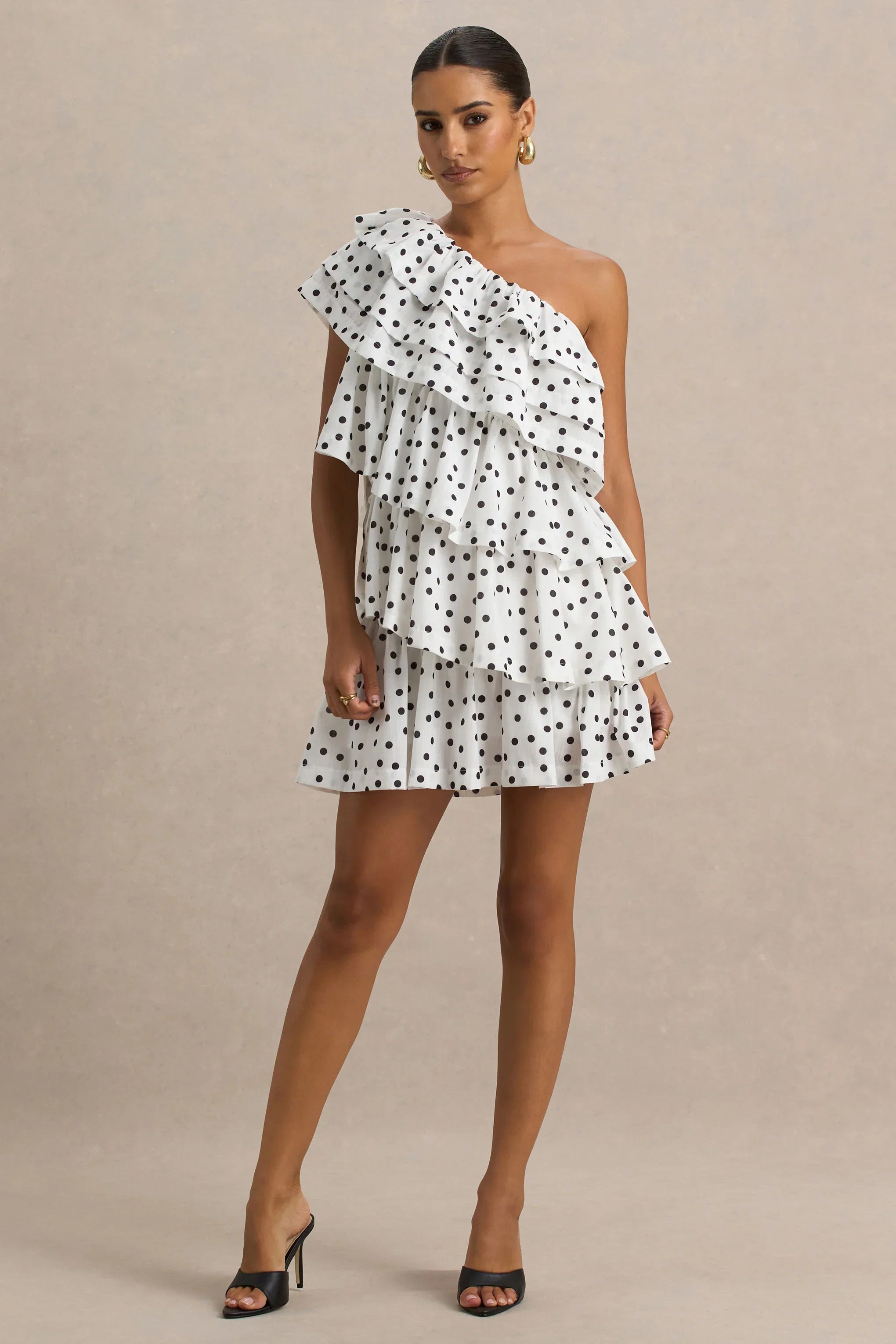 Orla White Polka Dot Asymmetric Ruffled Mini Dress