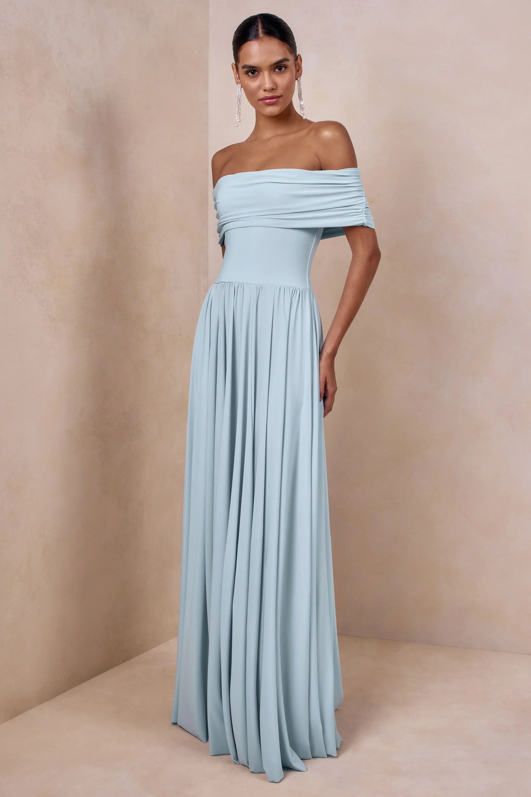 Cindie Powder Blue Bardot Neck Maxi Dress