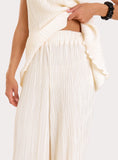 Cream Elasticated Waist Wide Leg Plisse Trousers