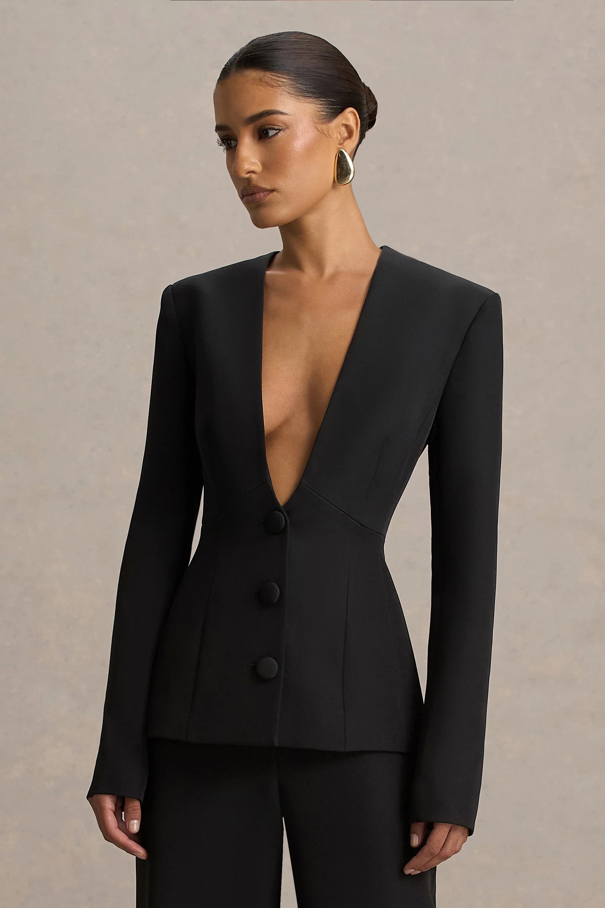 Rosalina Black Extreme Plunge Neck Tailored Blazer