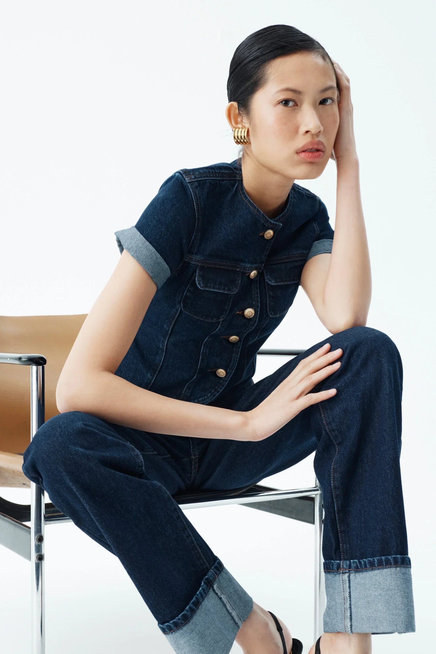 Marge Fitted Denim Short Sleeve Top Indigo Blue
