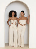 Beige Linen Drawstring Waist Trouser