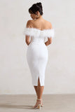 Maiden White Lace Bardot Midi Dress With Feather Trim