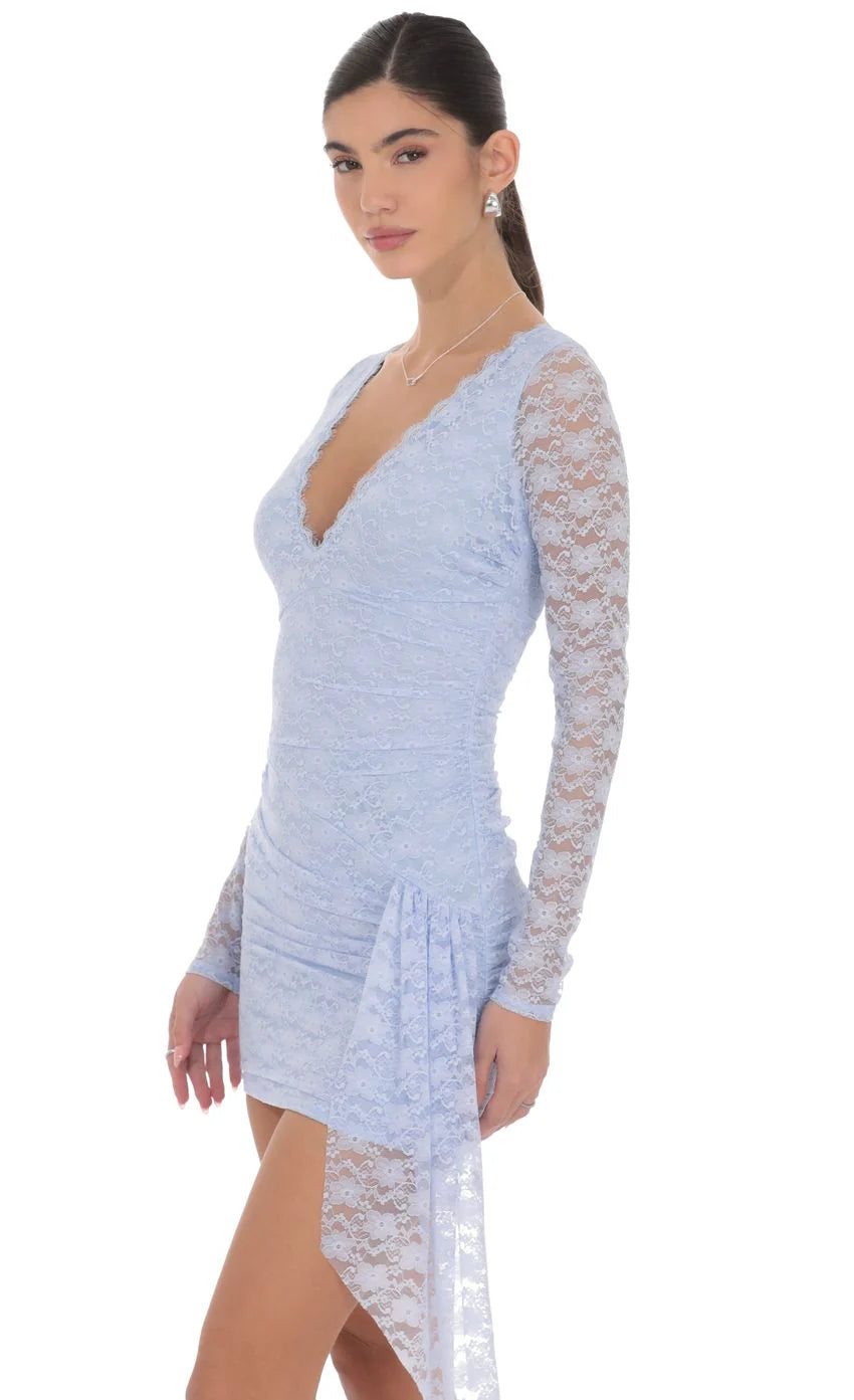 Lace Long Sleeve Tassel Dress in Light Blue