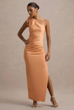 Janette Peach Satin One Shoulder Split Maxi Dress With Corsage