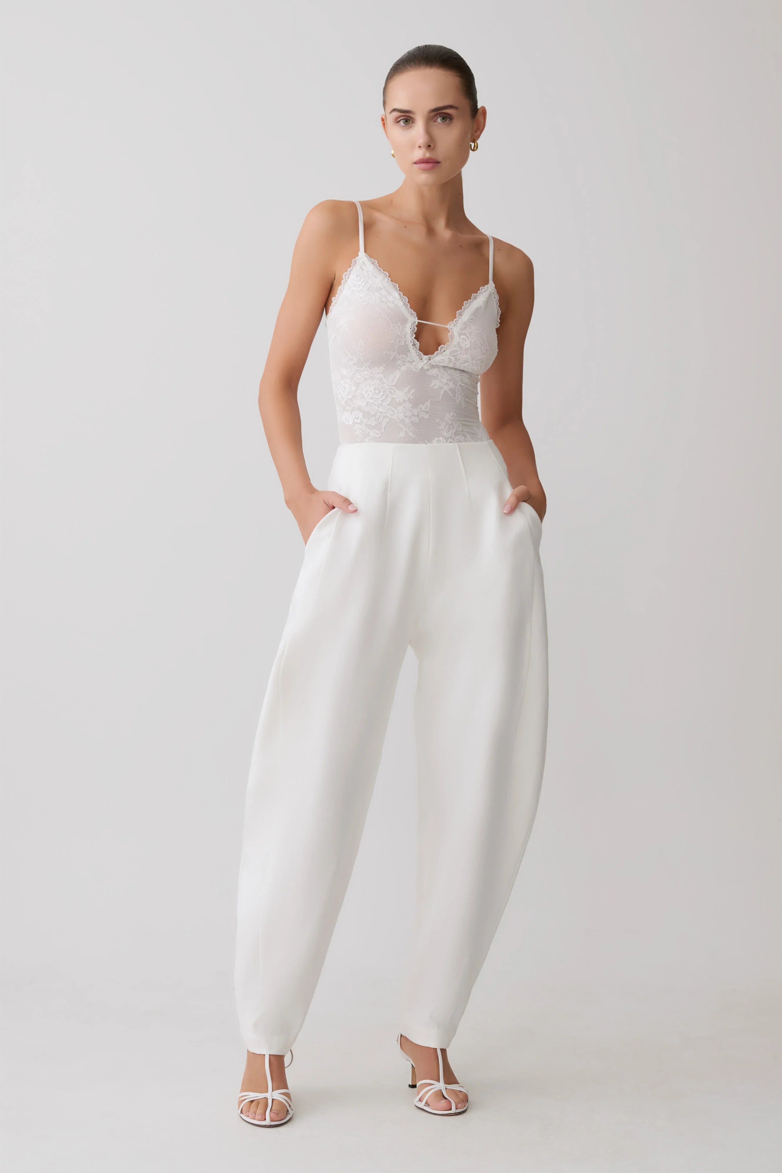 Jasper Sheer Plunge Lace Bodysuit Ivory