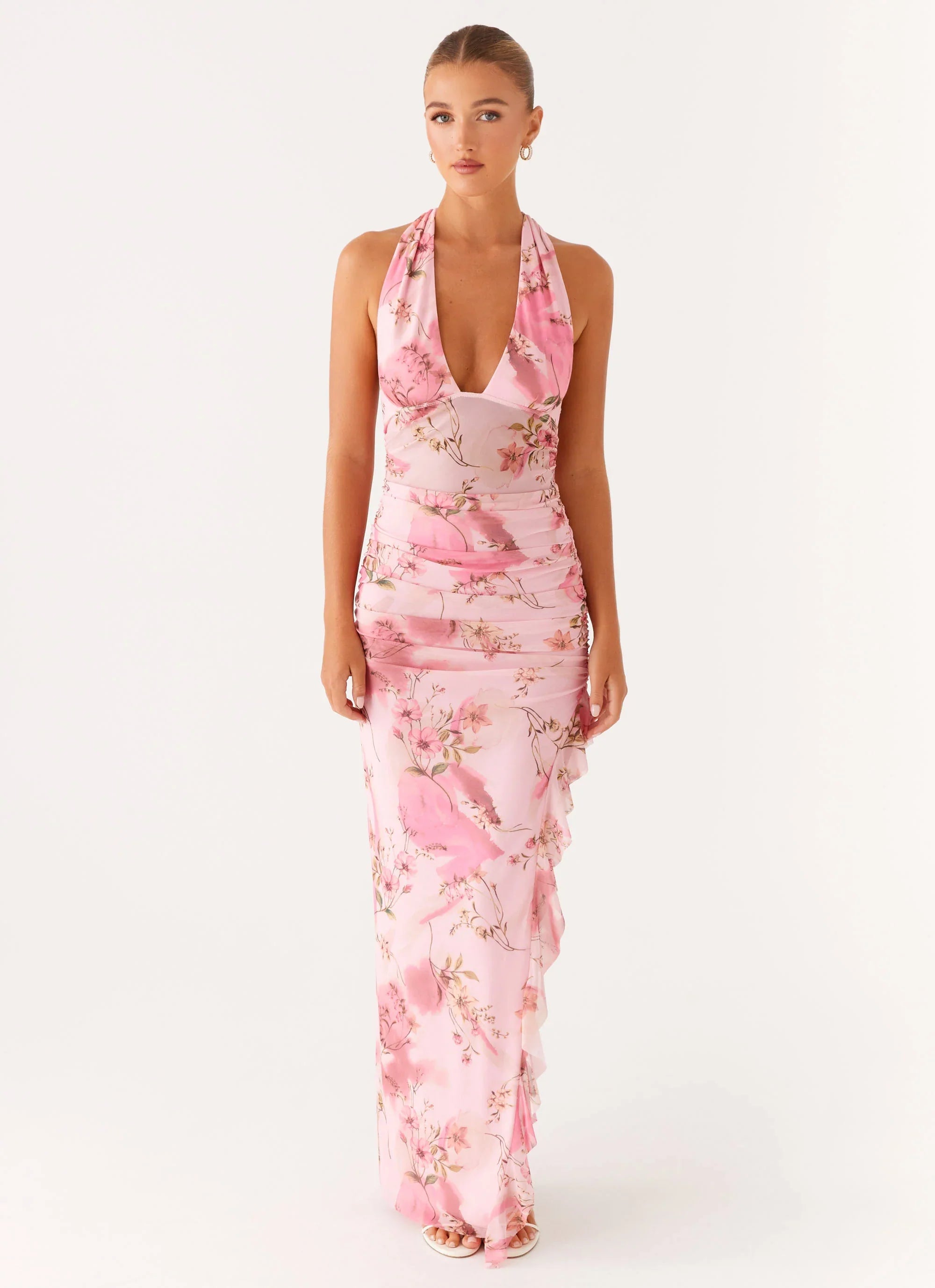 Micca Halter Maxi Dress Pink Floral Print