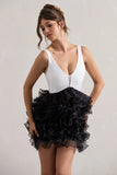 Riot Black White Plunge Neck Mini Dress With Organza Skirt