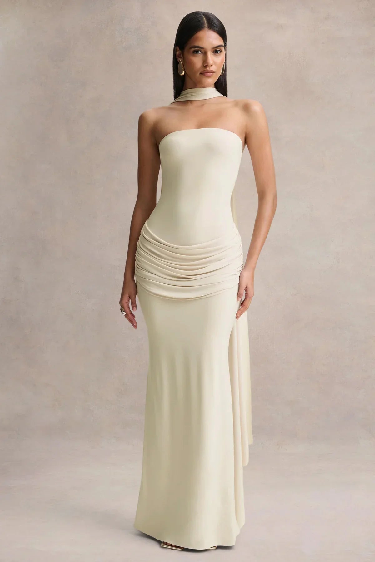 Graciella Stone Bandeau Maxi Dress With Draped Detailing And Scarf