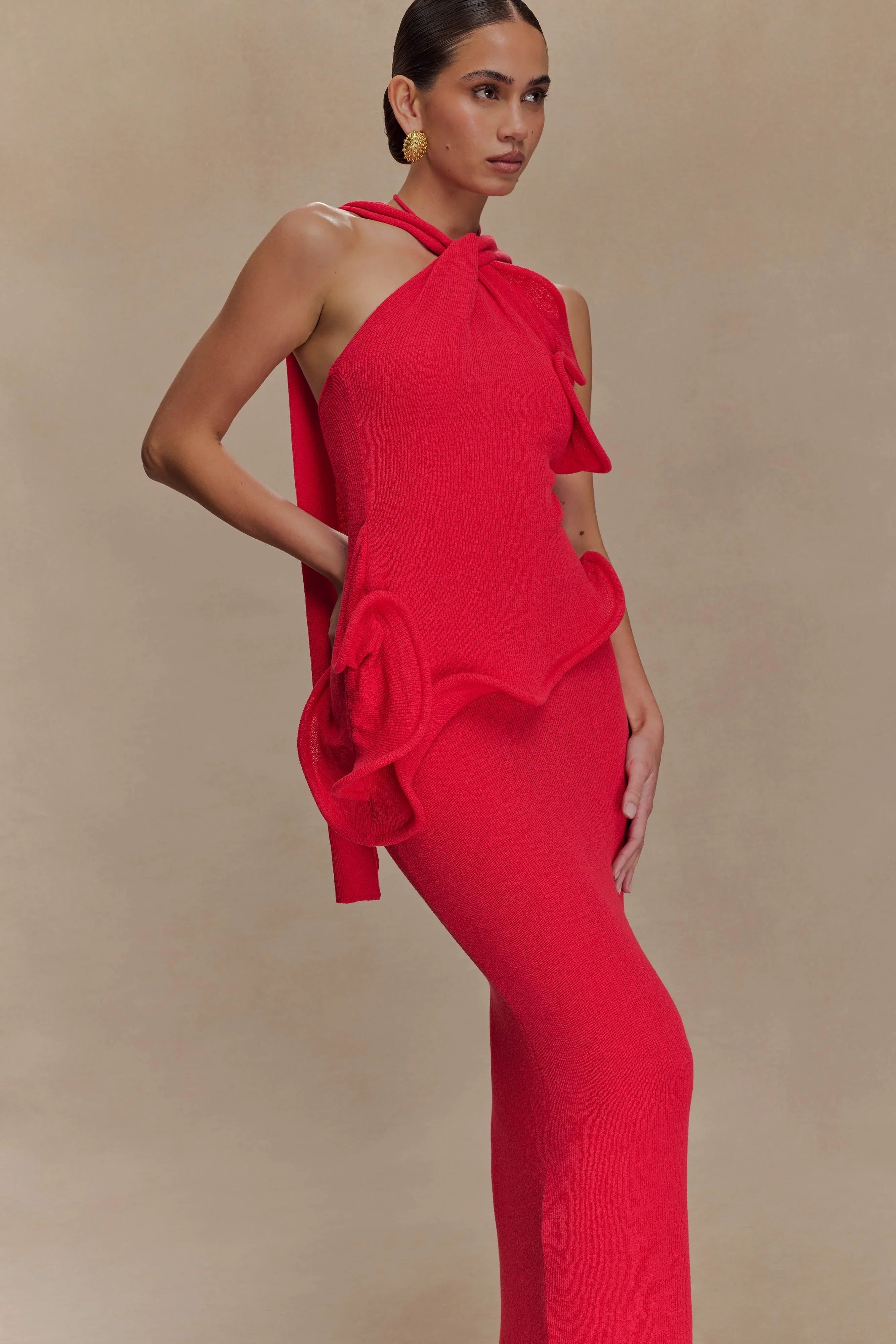 Caprice Halter Knit Maxi Dress Red
