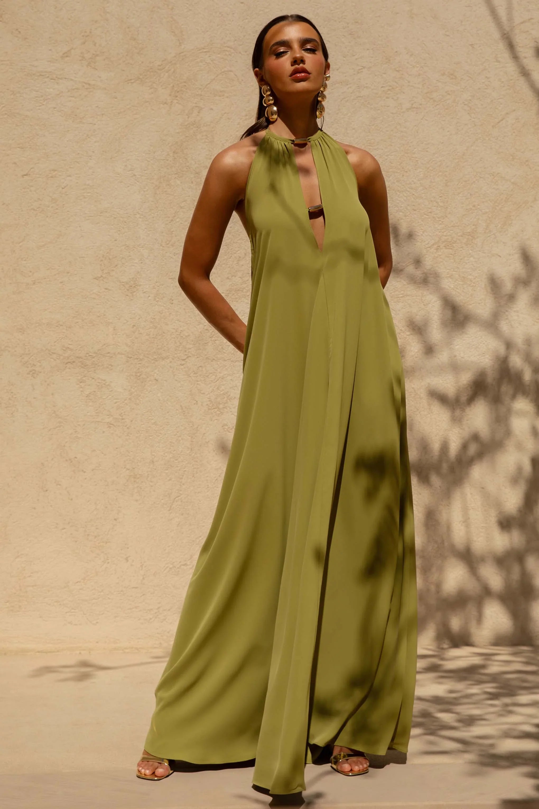Zyon Green High Neck Maxi Dress with Cut Out Details