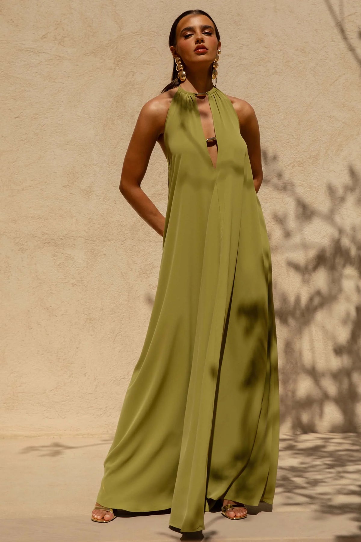 Zyon Green High Neck Maxi Dress with Cut Out Details