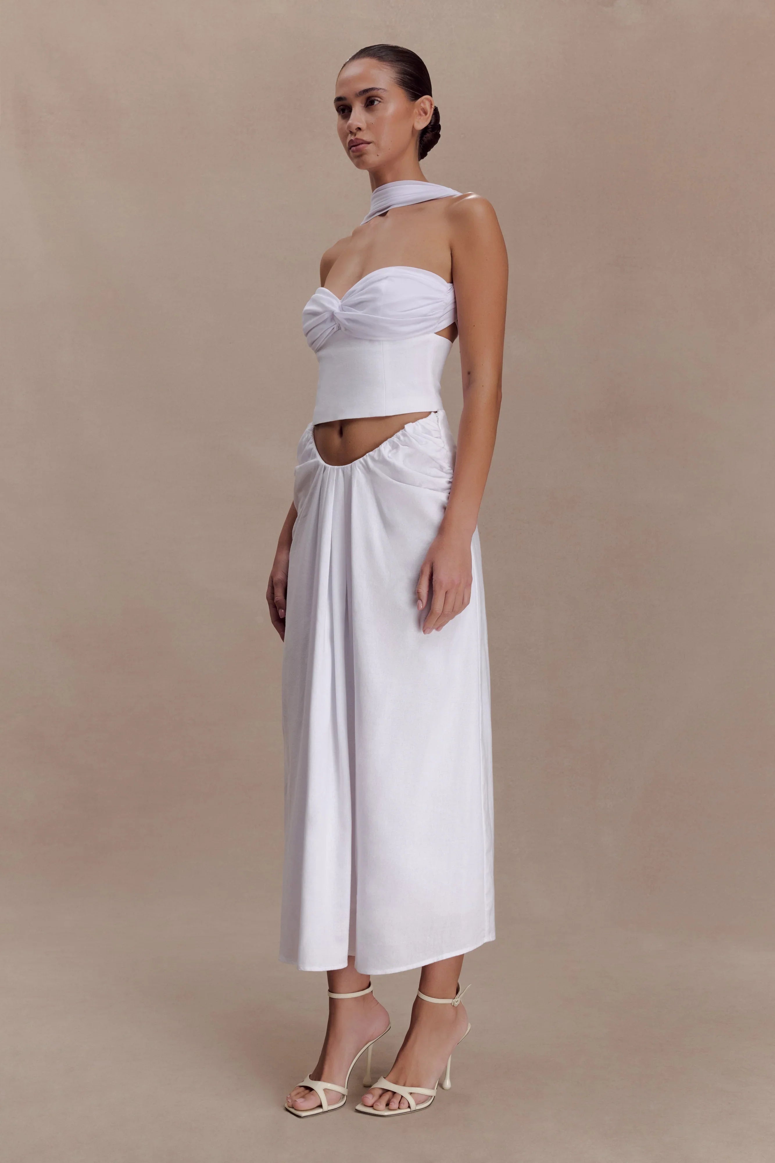 Talia Draped Linen Midi Skirt White