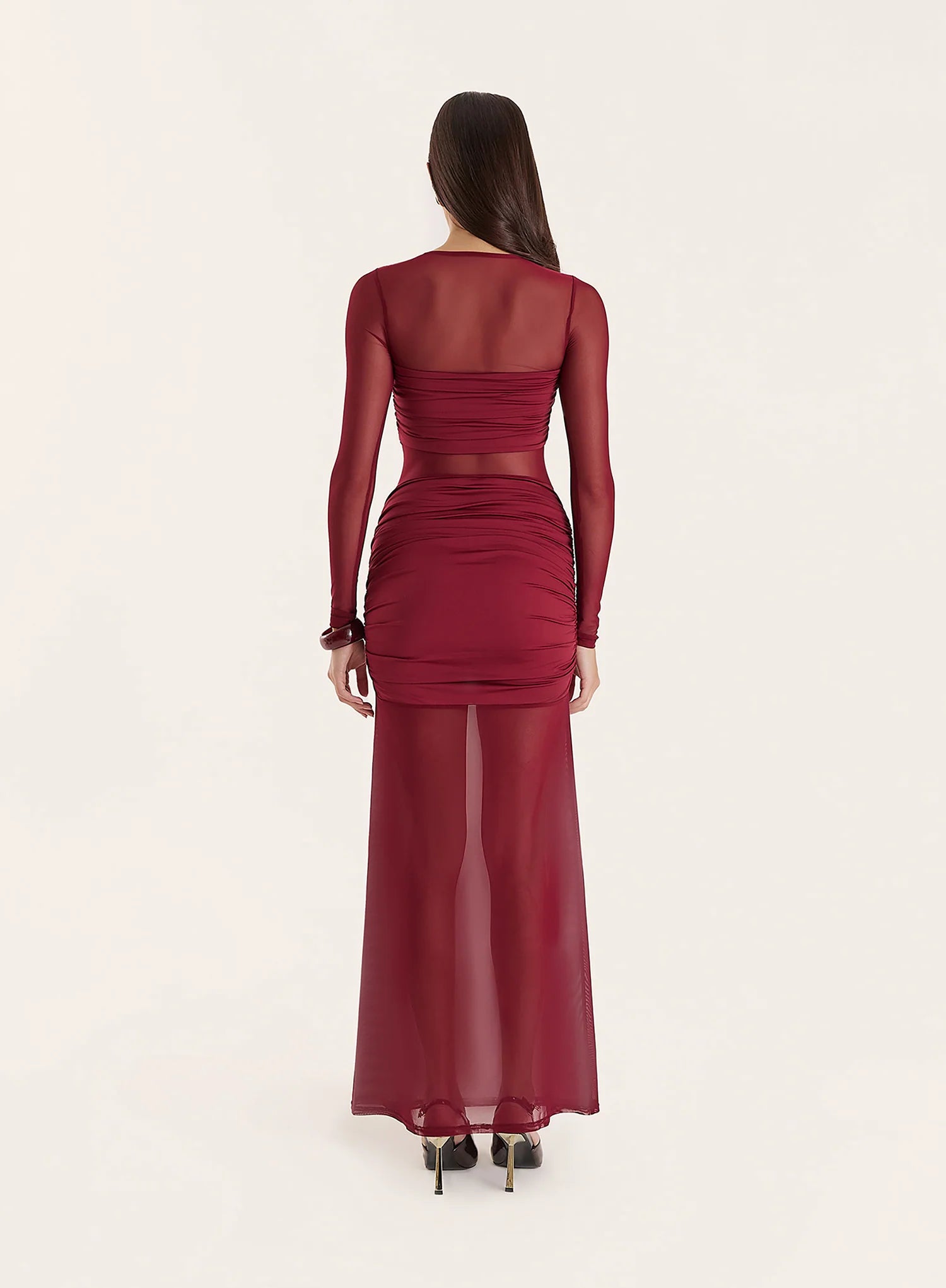 Burgundy Jersey And Mesh Mix Long Sleeved Maxi Dress