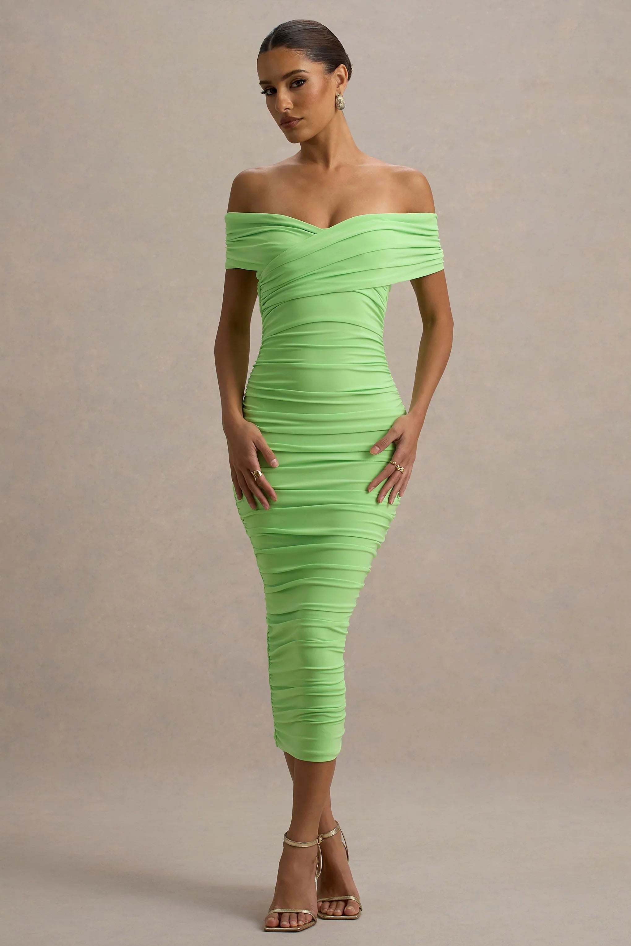 Unwrapped Light Green Ruched Twist Bardot Midi Dress