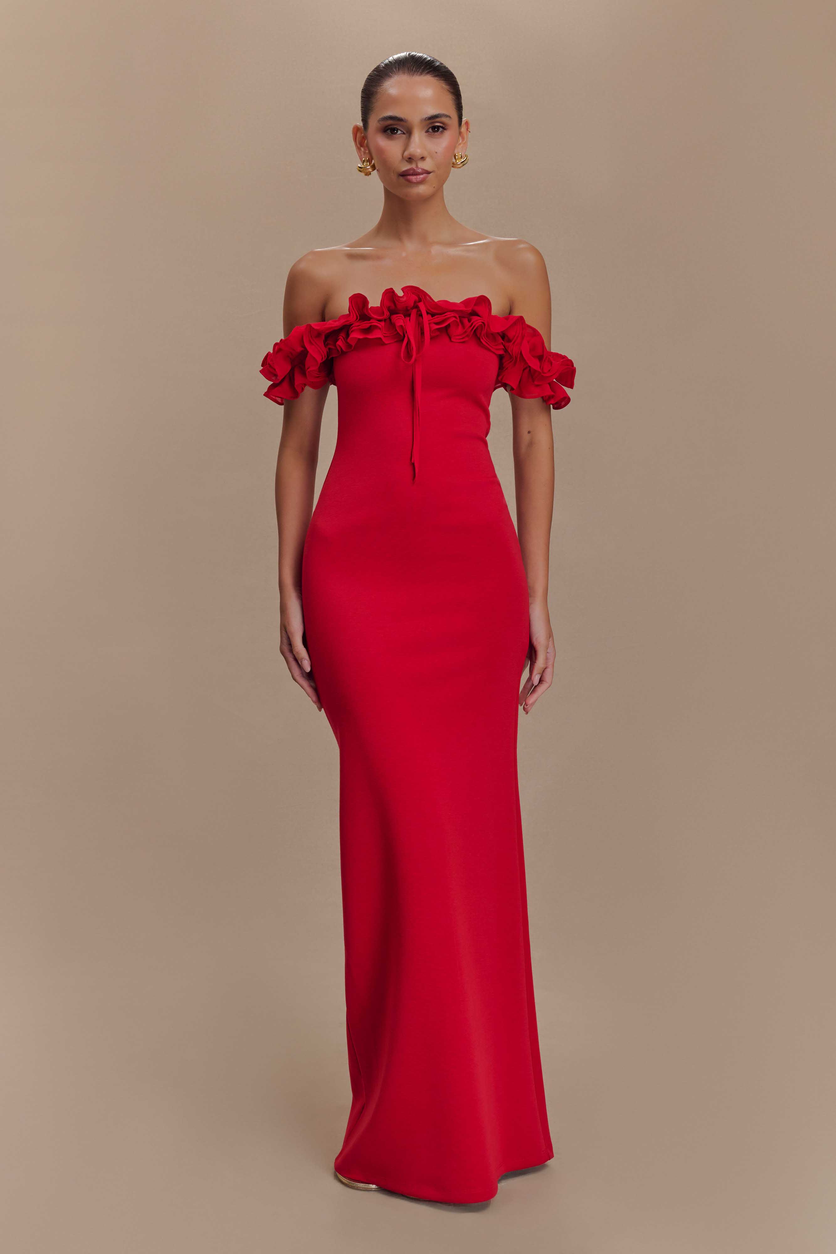 Nova Ruffle Off Shoulder Maxi Dress Ruby