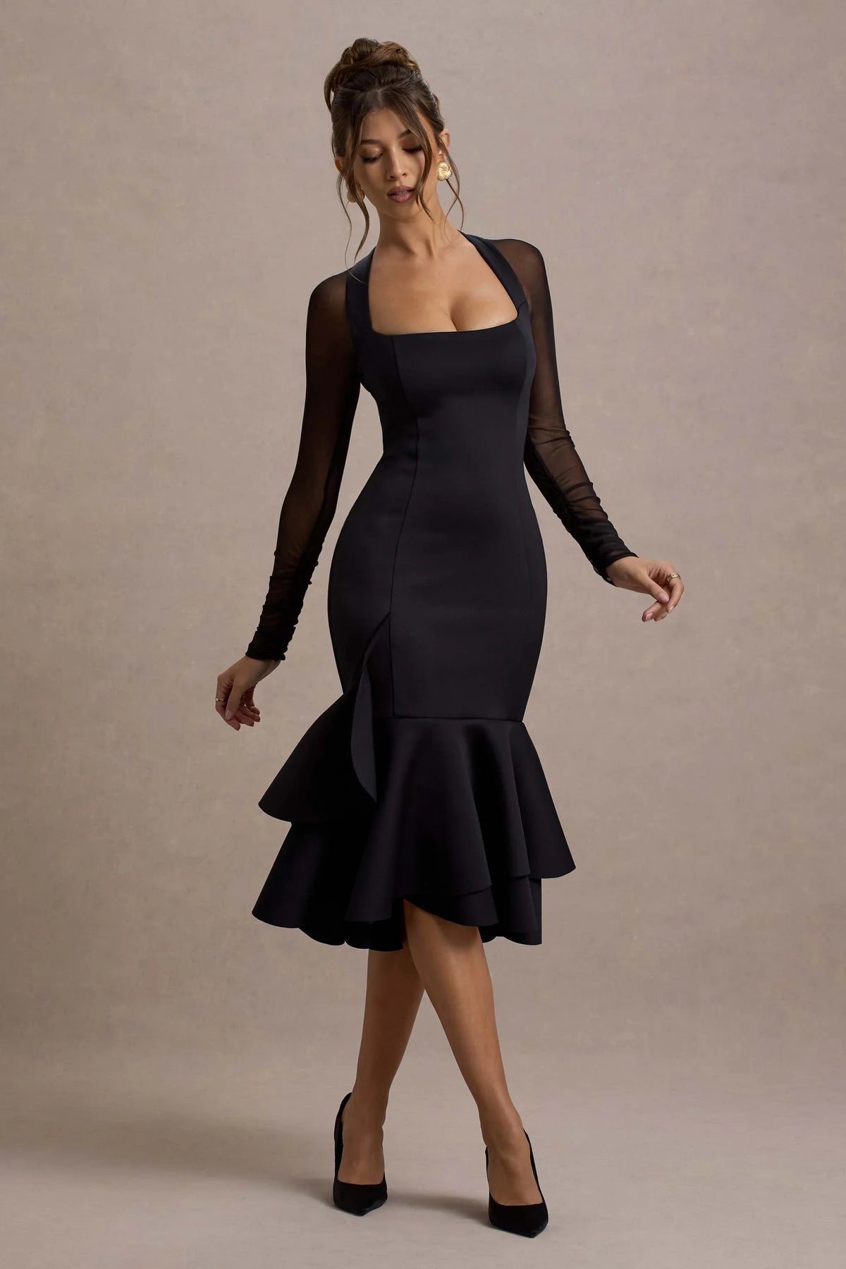 Sander Black Mesh Long Sleeve Ruffle Hem Midi Dress