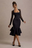 Sander Black Mesh Long Sleeve Ruffle Hem Midi Dress