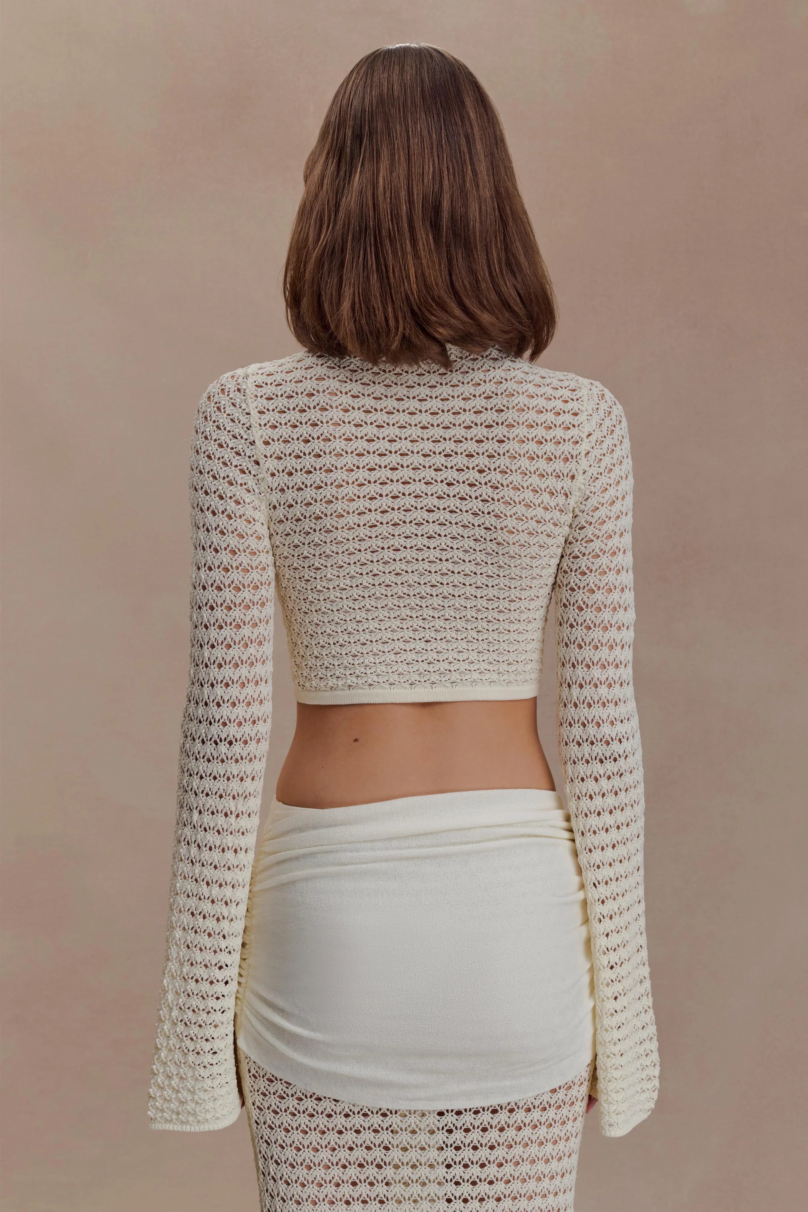 Mania Crochet Long Sleeve Cropped Top Ivory