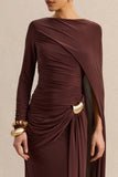 Orintha Brown Slashed Neck Maxi Dress With Cape And Gold Detail