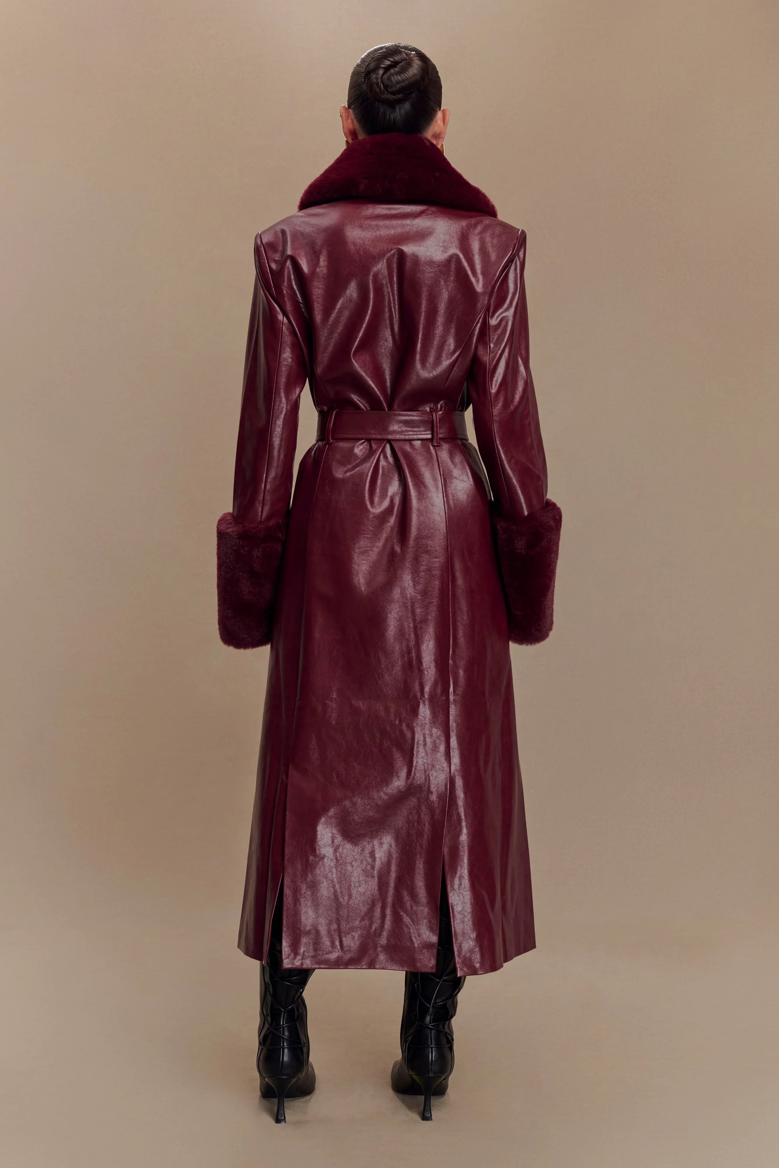 Bec Faux Leather Trench Coat With Faux Fur Cherry Red